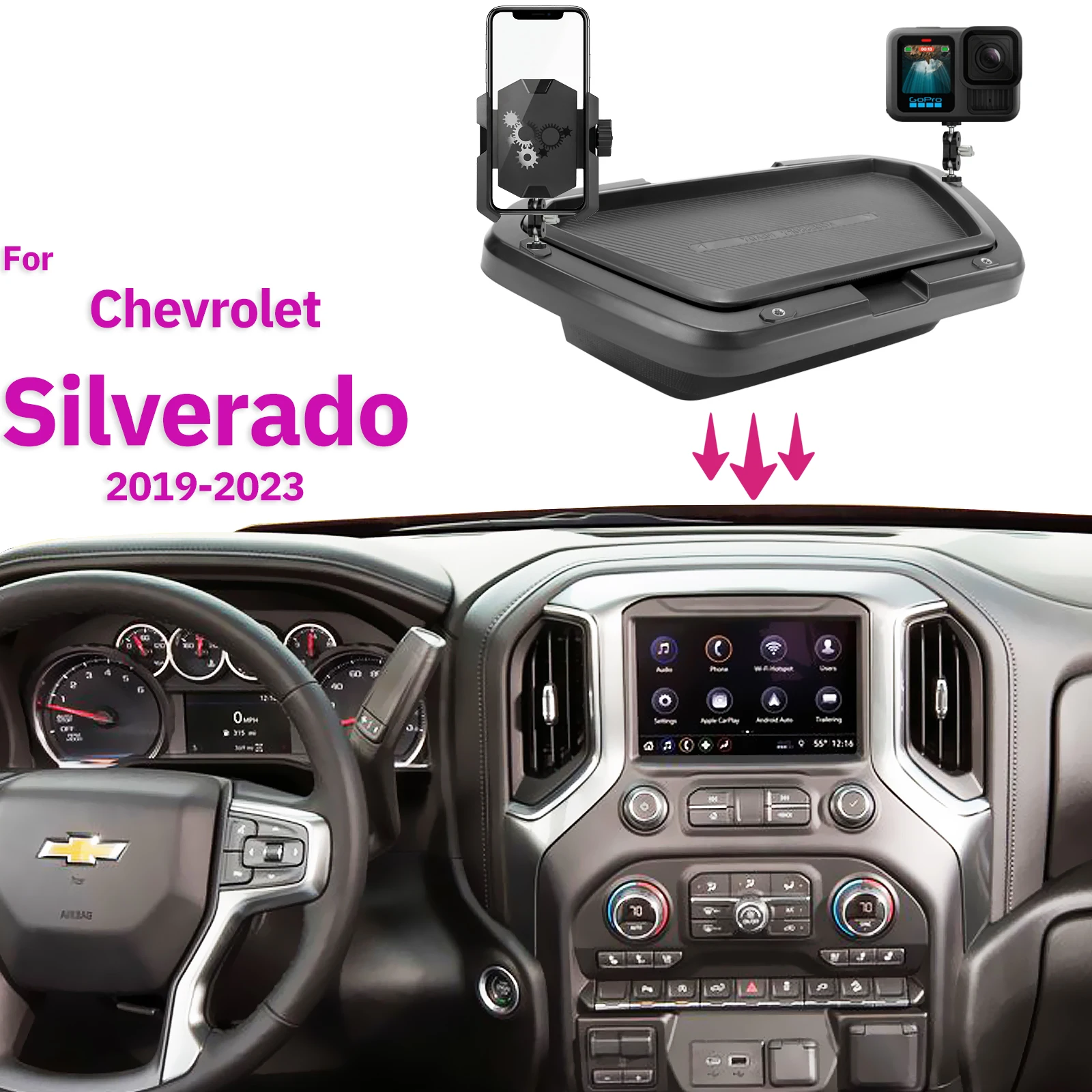 Für Chevrolet Silverado 2019 2020 2021 - 2023 Doppel-Handyhalterung Auto Doppelschichtige Armaturenbrett-Aufbewahrungsbox Verstecktes Fach Organizer – Detail 5