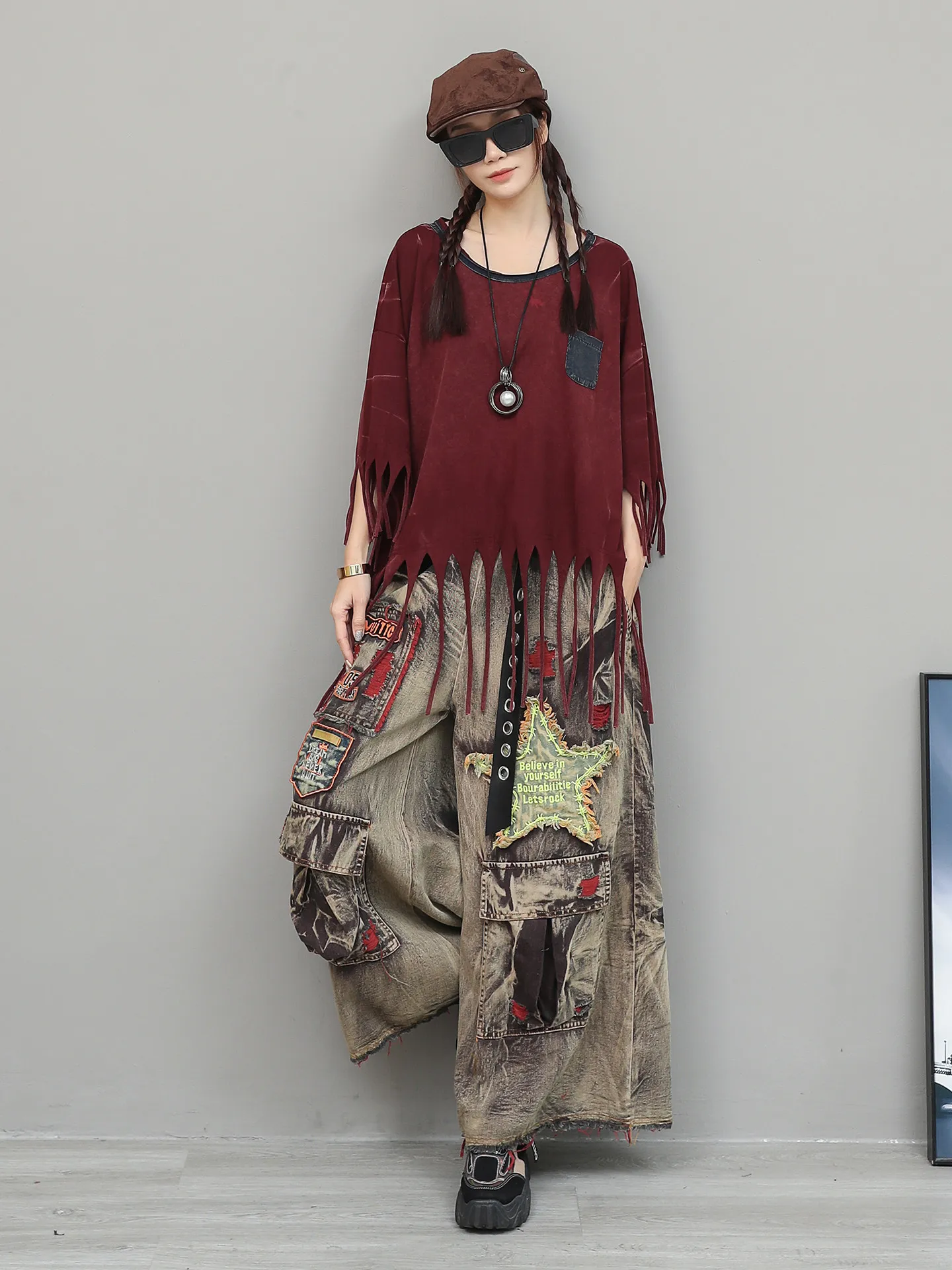 New Woman Personality Trendy Vintage Tassel Short Sleeved T-shirt Holes Patch Elastic Waist Wide Leg Pants Fashion Two-piece Set