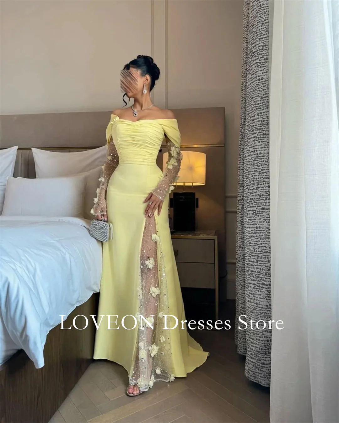 Colavis Off Shoulder Yellow Formal Evening Dresses Flowers Long Sleeves  فساتين سهرة  Customized Elegant Prom Growns Party Women