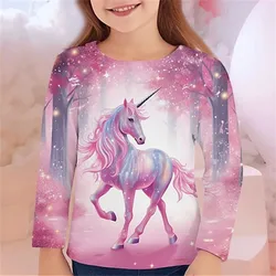 Children's Clothing Girls Pink Unicorn 3D Graphic T Shirt for Kids Fashion Print Long Sleeve Tee Shirts 2024 Spring Casual Tops