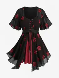 ROSEGAL Plus Size Floral Embroidery Mesh Lace Trim Tie Waist Ruffle Ribbed 2 in 1 Tops Women 2026 Spring Summer Casual T-Shirts