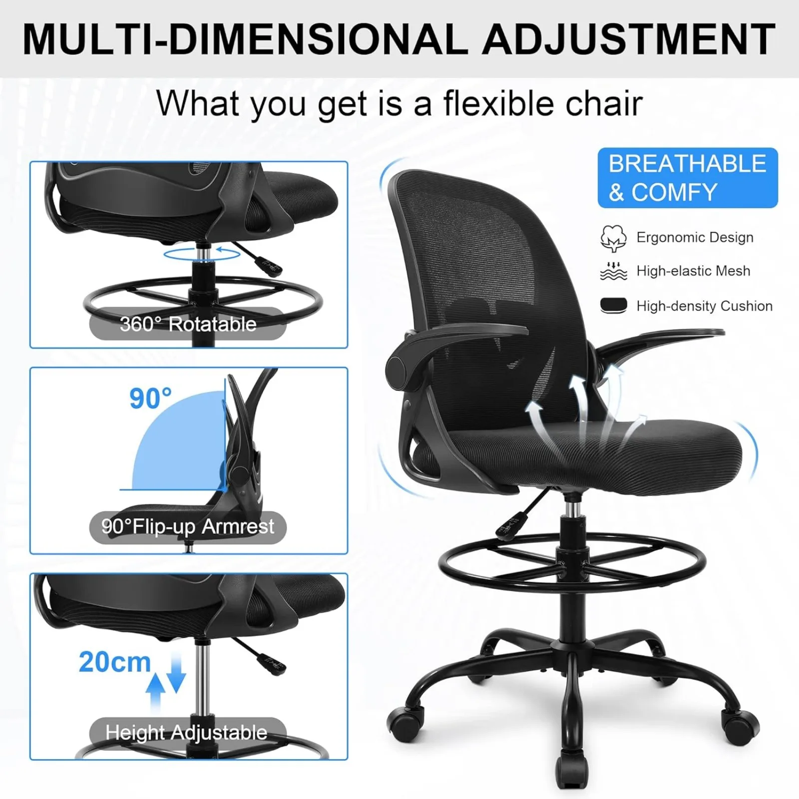 US Primy Drafting Chair Tall Office Chair with Flip-up Armrests Executive Ergonomic Computer