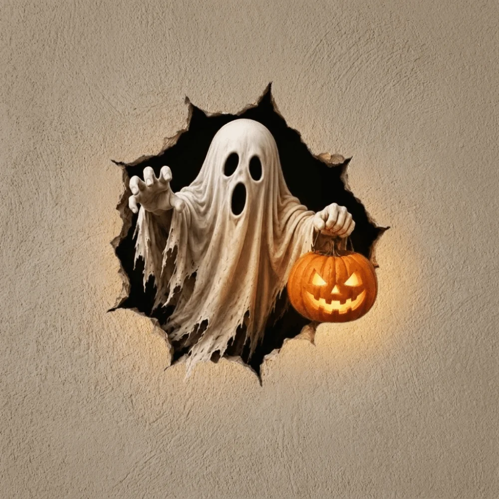 2D Flat Ghost Pumpkin Wall Decal Self-Adhesive Spooky Crash Through Wall Decals Electrostatic Realistic Pumpkin Door Sticker