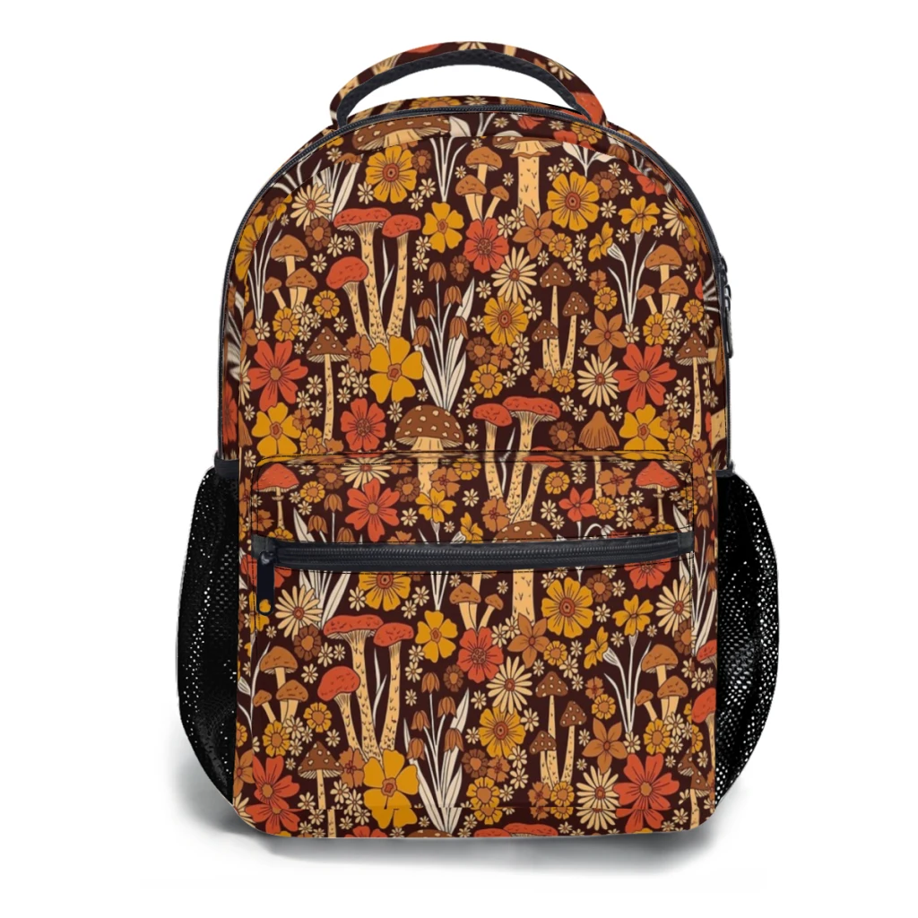 Mochila escolar de grande capacidade cartoon para meninas, mochila estudantil retrô, cogumelos e flores laranja marrons, década de 1970, 17"