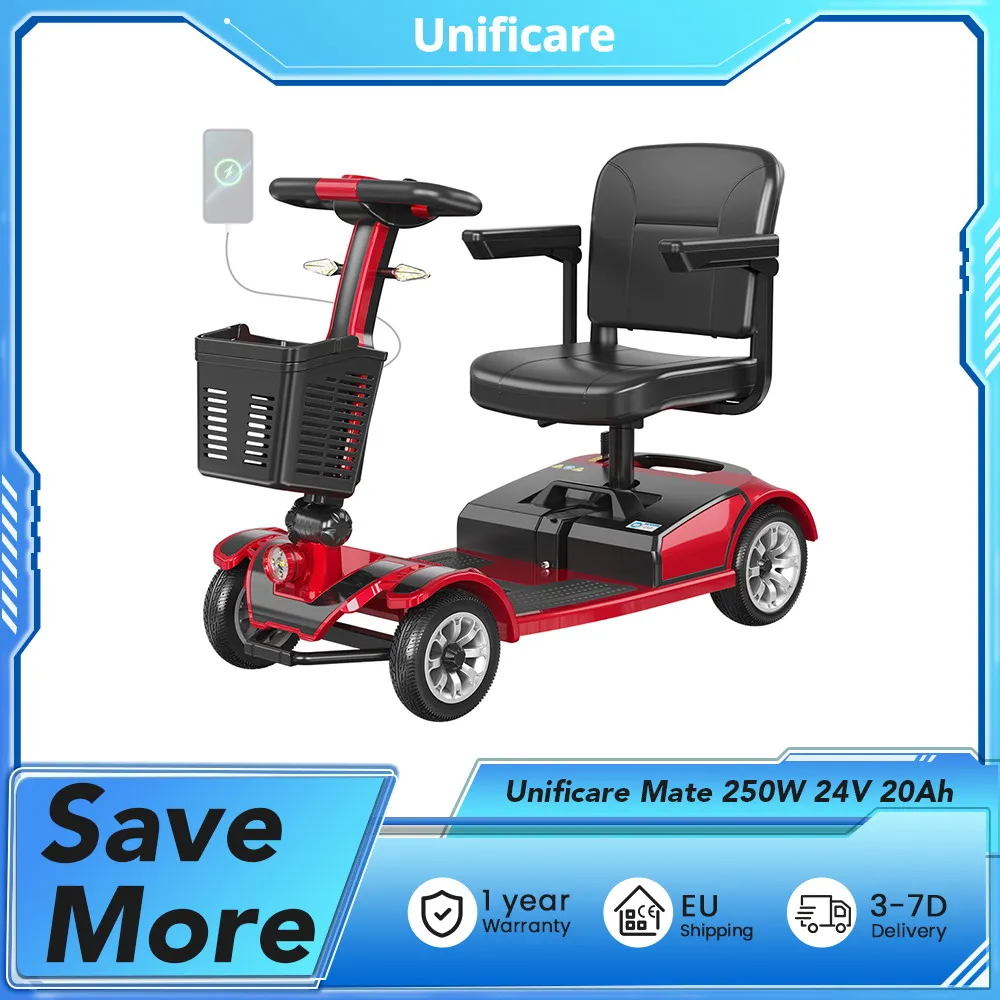 Scooter a quattro ruote Unificare Mate Mobility, 250 W 24 V 20 Ah, pneumatici anteriori da 8 e posteriori da 9, velocità massima 7,8 km/h, portata 35 km, carico di 190 kg