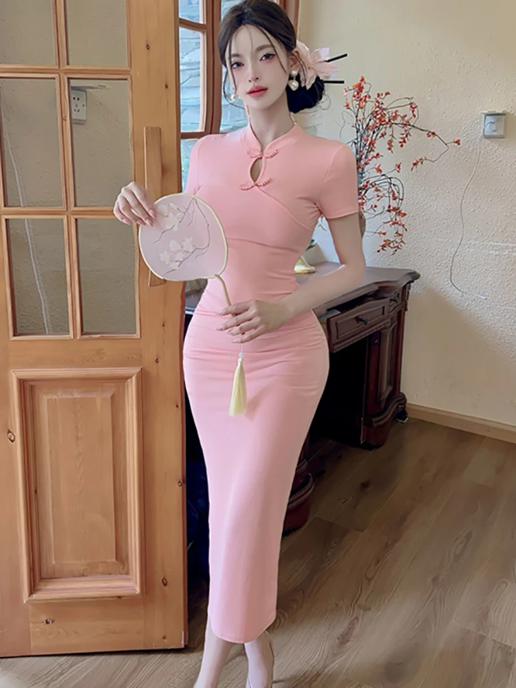 

Летнее розовое вязаное хлопковое облегающее длинное платье, женское платье с коротким рукавом и воротником-стойкой, корейское элегантное вечернее платье 2025 г.