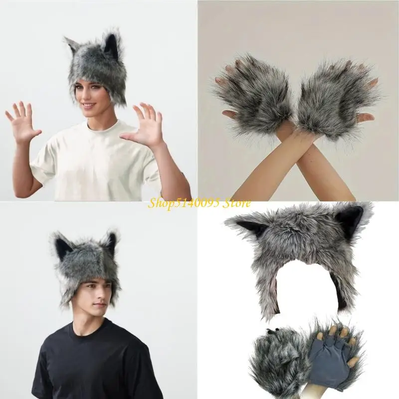 DXAE Gray Plush Gloves Hat Set Halloween Cosplay Accessory Practical Cold Climate Gear