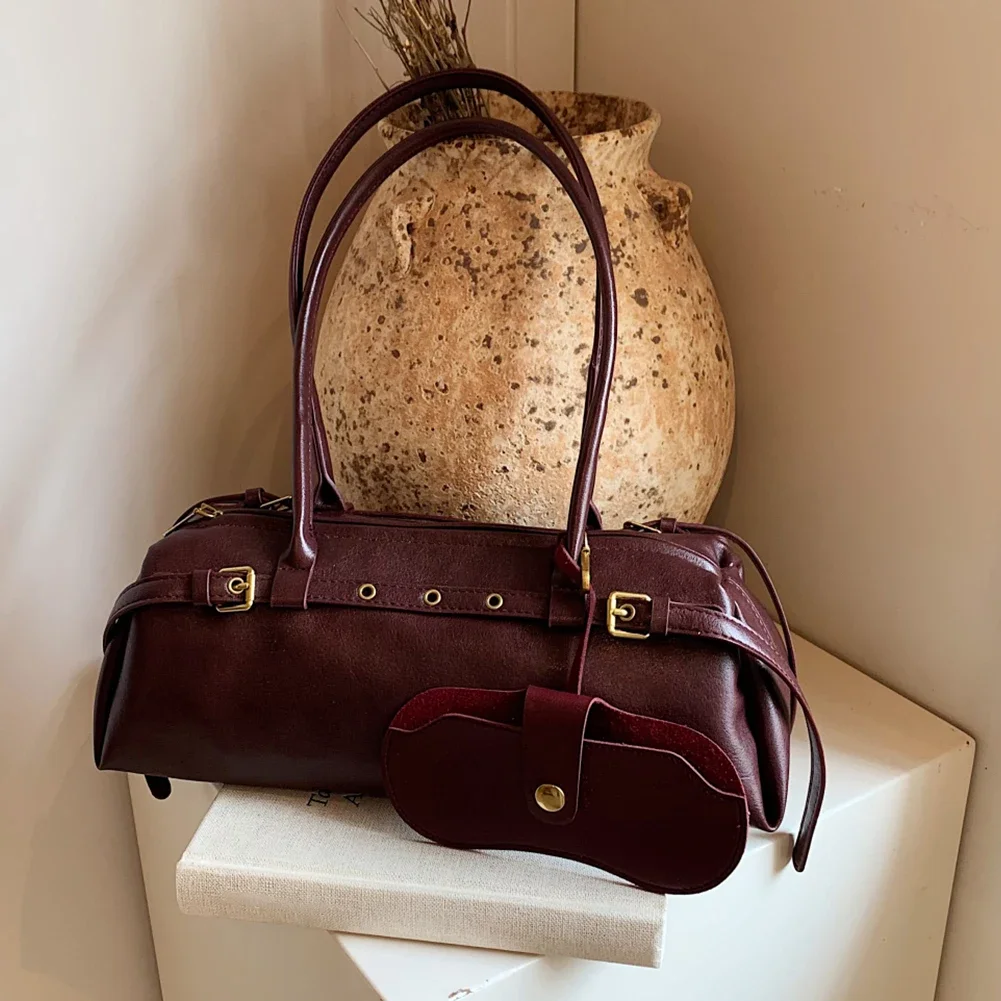 

Boston Handbag for Women Solid Shoulder Bag PU Leather Casual Bowling Bag Retro Commuter Bag