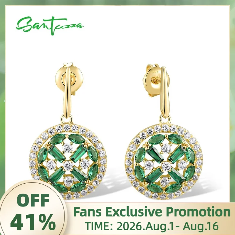 SANTUZZA 925 Sterling Silver Stud Earrings For Women Sparkling Green Spinel White CZ Dangling Gorgeous Wedding Gift Fine Jewelry