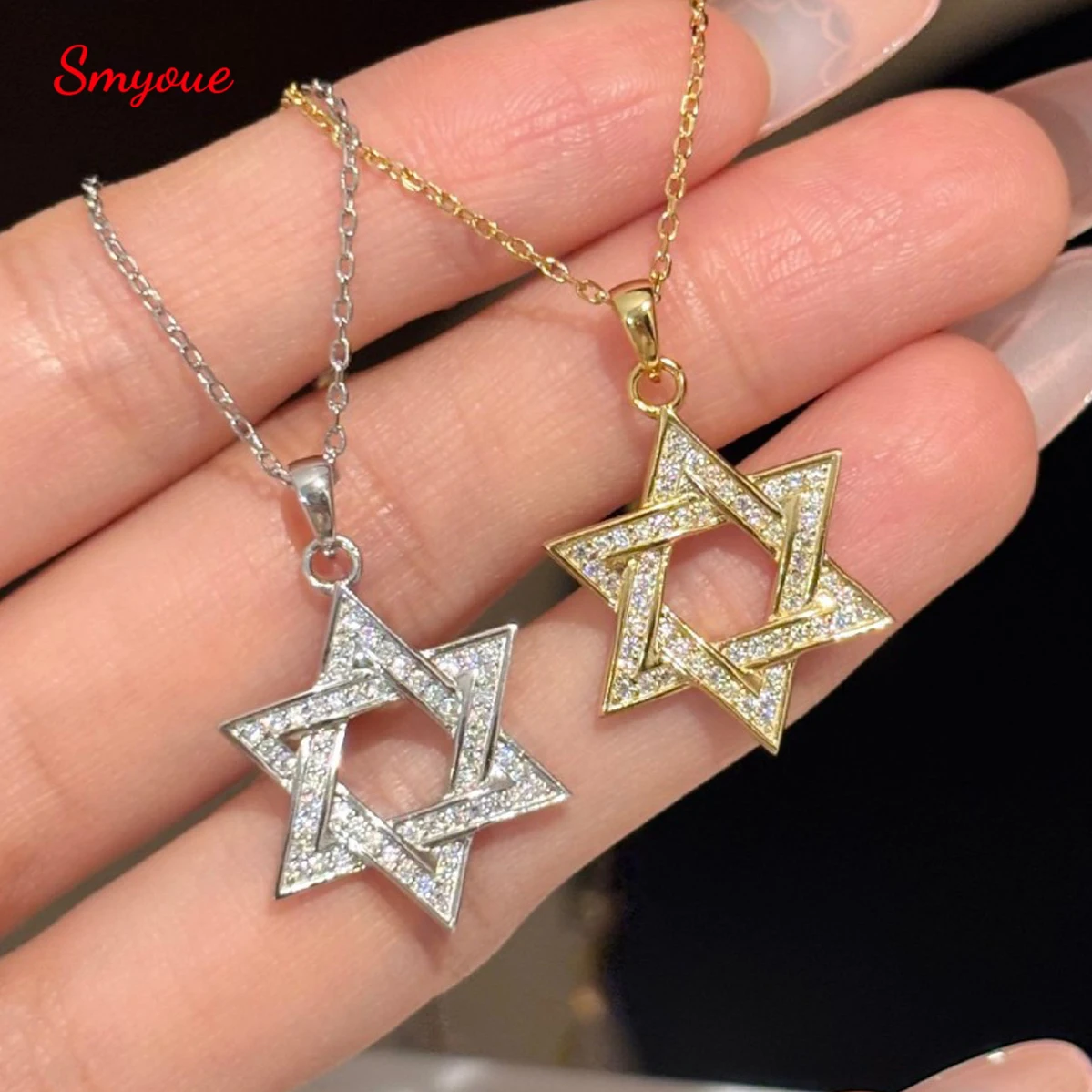 

Smyoue Trendy Hexagram Star David Star Full Moissanite Necklace for Women 925 Sterling Silver Hip-hop Chain Party Gifts Jewelry