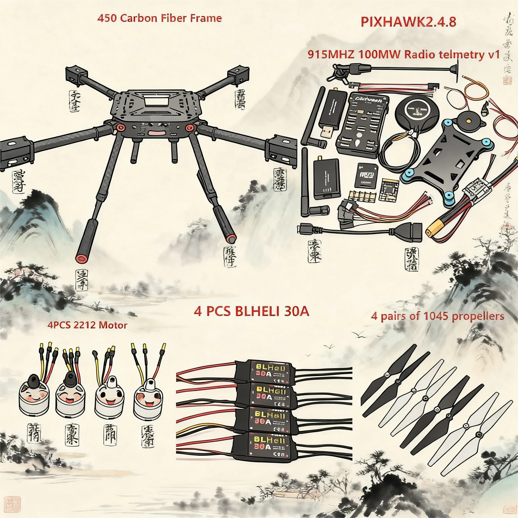 

PIXHAWK2.4.8 Flight Control Carbon Fiber 450 Frame Kit Ardupilot 100MW Radio Telemetry Quadcopter BLHELI 30A ESC 2212 Motor