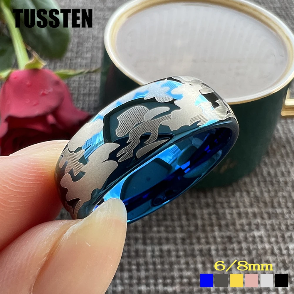 TUSSTEN 6/8MM Fashion Simple Camouflage Tungsten Ring Men's Hip Hop Retro Ring Jewelry Christmas Halloween Gift Can Engrave Name