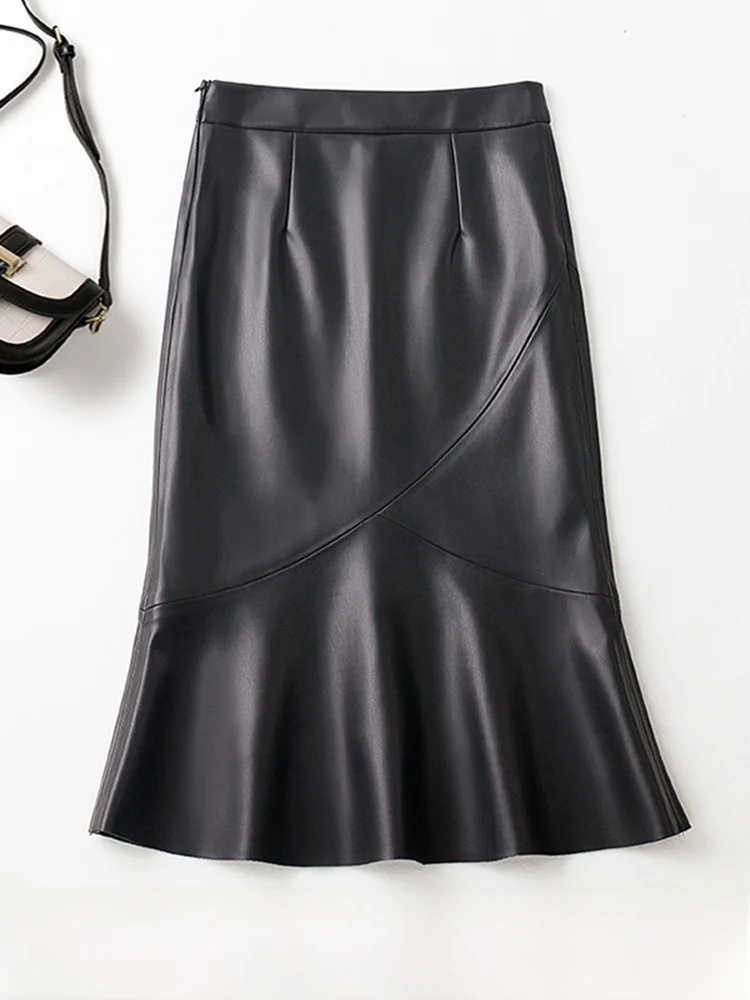 

Женская юбка Ning из натуральной кожи, миди, А-силуэт, с высокой талией, утягивающая, осенне-зимняя, новая, в корейском стиле