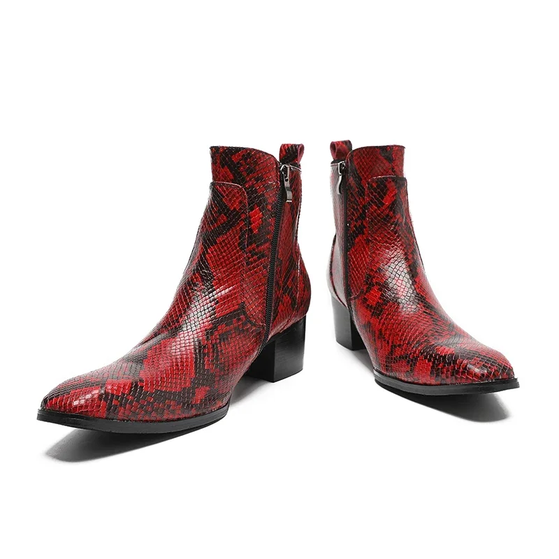 

Original Snake Printing Zipper Ankle Boots Social Plus Size Pointed Toe Short Boots Fashion High Heel Male Leather Cowboy Boots