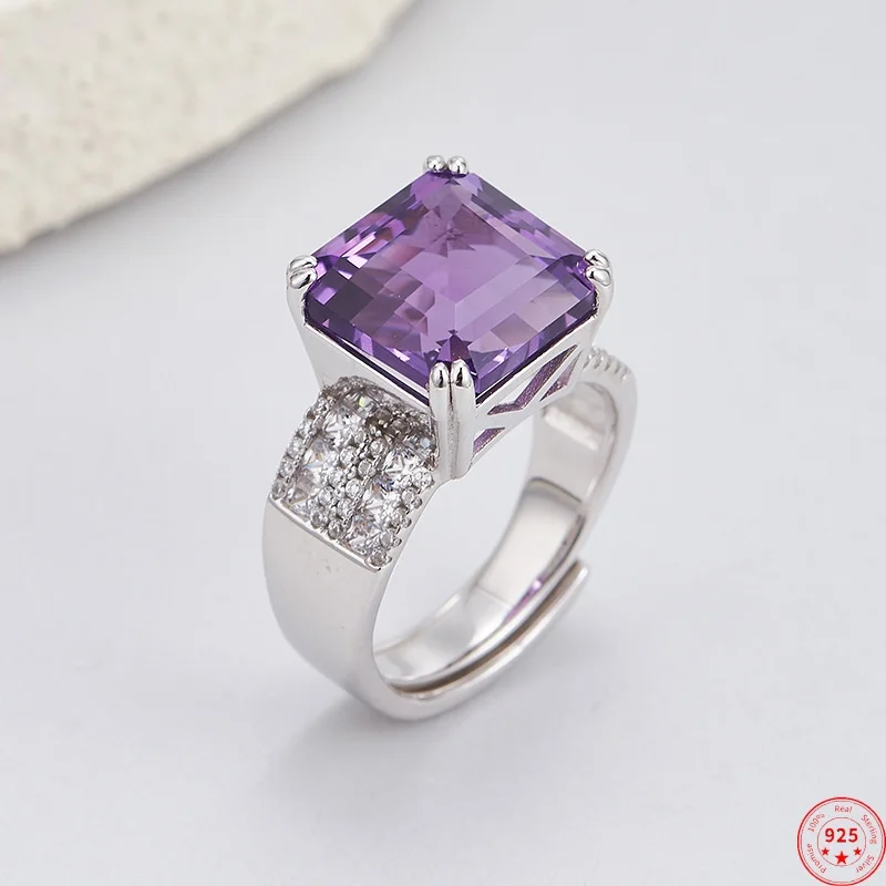 

Широкие кольца из стерлингового серебра 925 пробы для женщин и мужчин, квадратный строгальный самолет, натуральный аметист, супер циркон, модные ювелирные изделия, оптовая продажа
