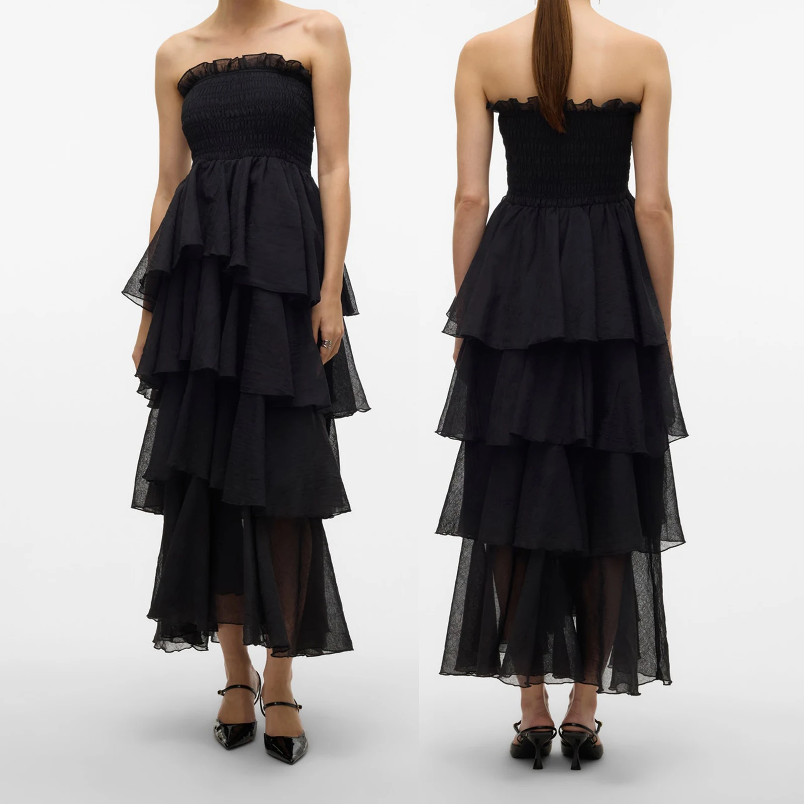 Combhasaki Abito lungo da donna elegante con volant increspato senza spalline a strati senza schienale a strati tinta unita estivo trasparente a trapezio