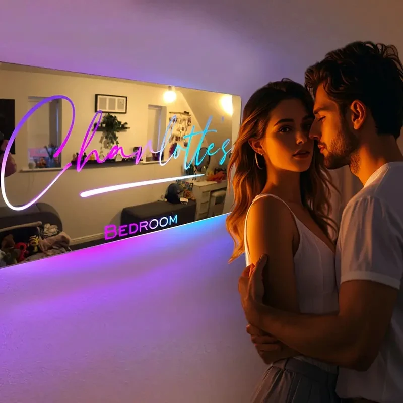 اسم شخصي مرآة ضوء لتدفق غرفة النوم LED تضيء مرآة للجدار عيد الميلاد عيد الحب هدايا الزفاف