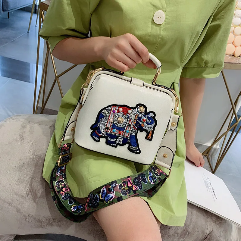 Vintage Embroidery Elephant Bag Bags Wide Butterfly Strap PU Leather Women Shoulder Crossbody Bag Tote Women\'s Handbags Purses