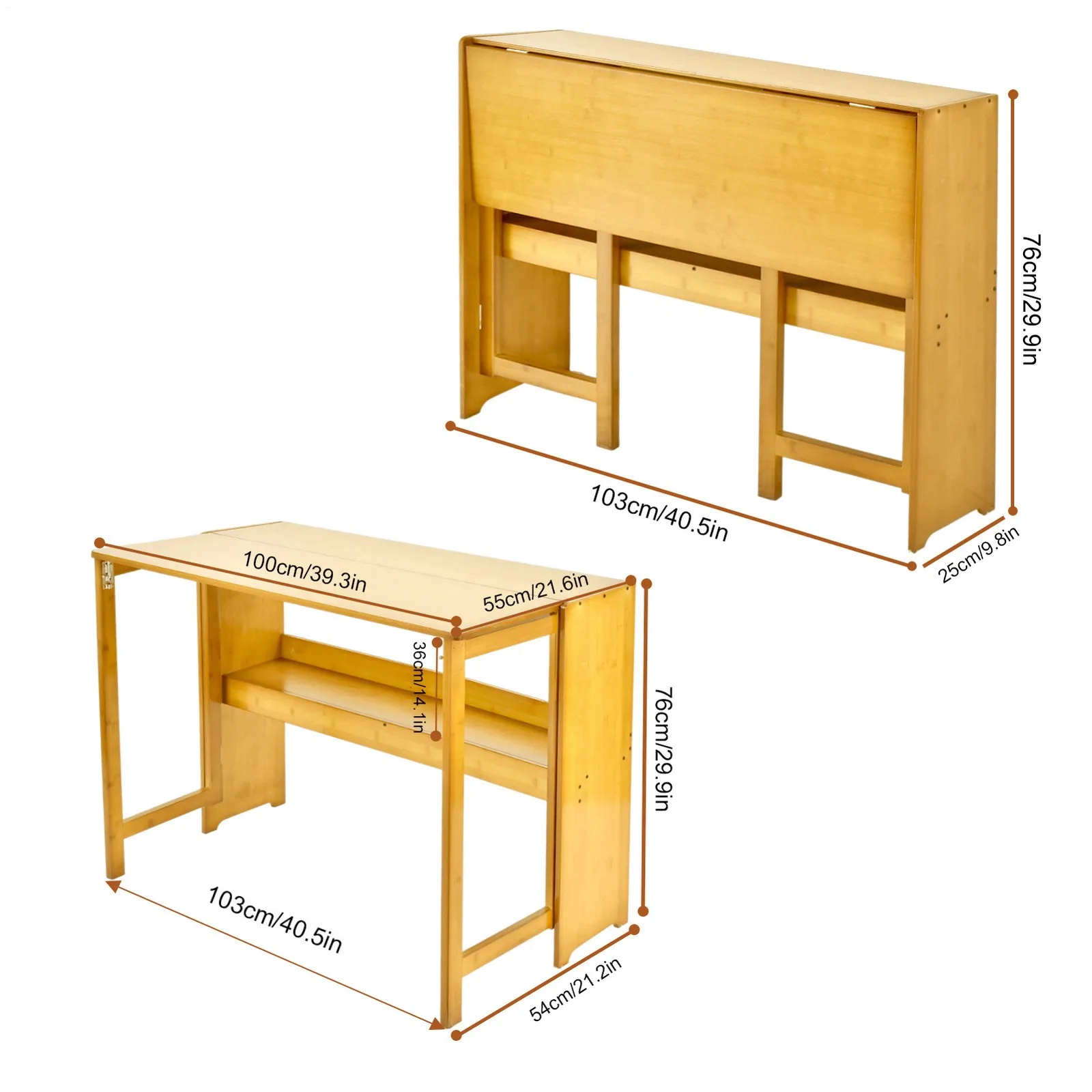 コンピューターデスク41インチ竹製コンピューターデスク折りたたみ式ワークデスクホームオフィス用省スペースライティングテーブル