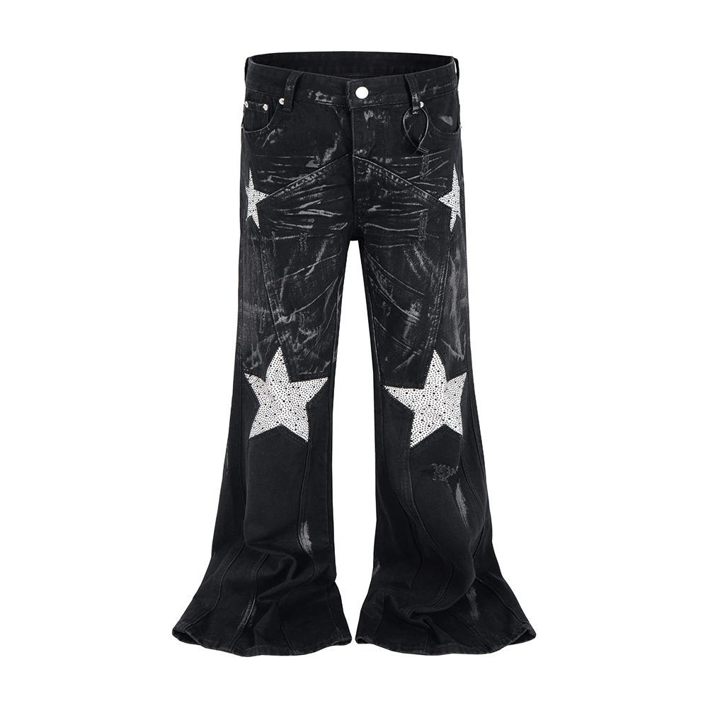 Shinning Rhinestone Stars Distressed Loose Black Jeans Pants for Men Vintage Streetwear Baggy Casual Denim Trousers