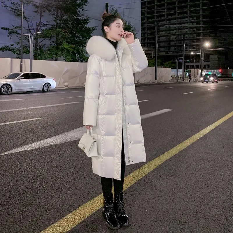 Luxury Fur collar Down Jacket Women\'s 2023 Winter Fashion White duck down Hooded Coat Female Warm Parkas Windproof Long Overcoat