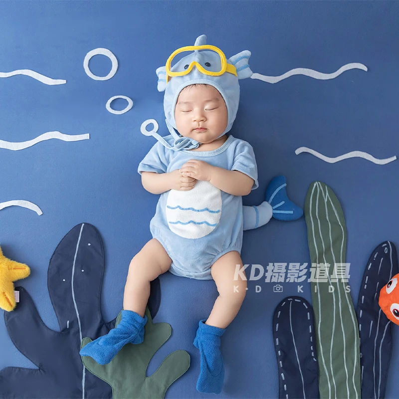 ソフトフランネルベビー海馬写真衣装新生児スタジオ撮影服ダイビング帽子ボディスーツ靴下海洋水中背景写真