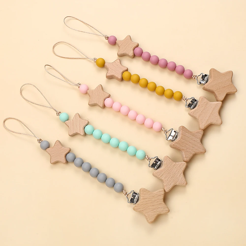 New Wooden Pentagram Beech Clip Baby Pacifier Chain Silicone Beads Dummy Nipple Holder Guard Teether Pendant Newborn Toys Gift