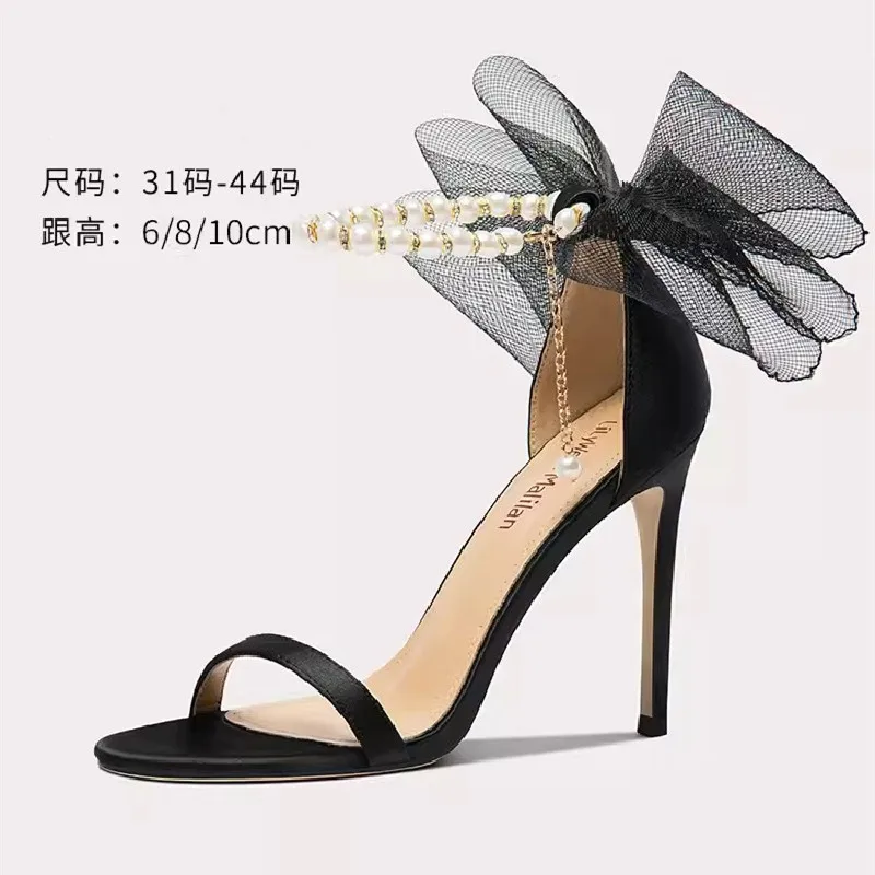 

Summer New Line with Pearl Chain Silk Mesh Big Bow Sandals Slim High Heels Banquet Dress Versatile Large and Small Women's Shoes