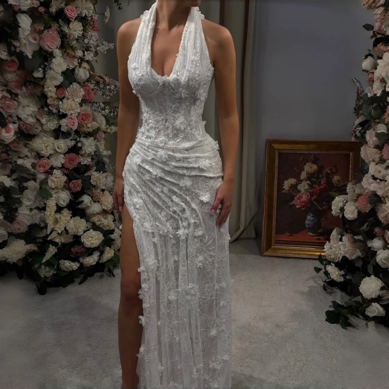 Flower Embroidery Prom Dress Halter Neck Vestidos de noche High Side Slite Formal evening events dress  Lace Pleated Prom Dress