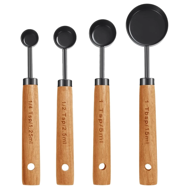 Measuring Cups And Spoons , Wood Handle With Metric And US Measurements, Dry & Liquid Measuring Cup 8Pcs Wood Brown & Black