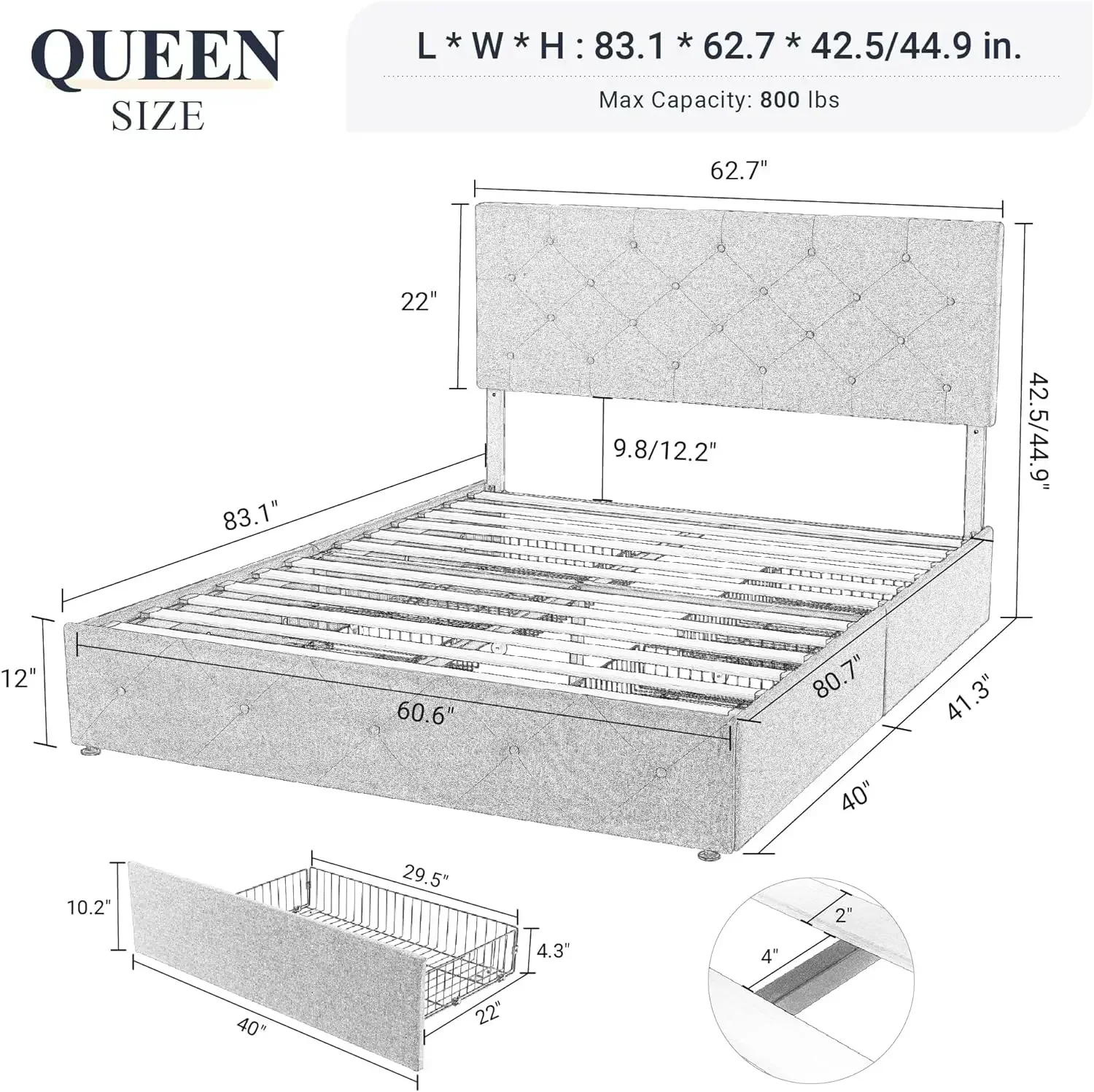 Furniture supplies Allewie Upholstered Queen Size Platform Bed Frame with 4 Storage Drawers and Headboard, Diamond Stitched Butt