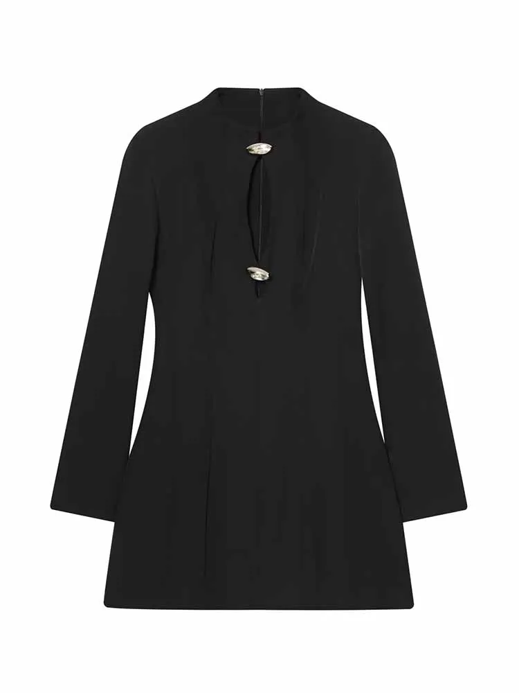 

HH Woman Fashion Crew Neck Hollow Decoration Long Sleeves Slim Hip-Covering Short Dress Female Temperament Versatile Party Dress