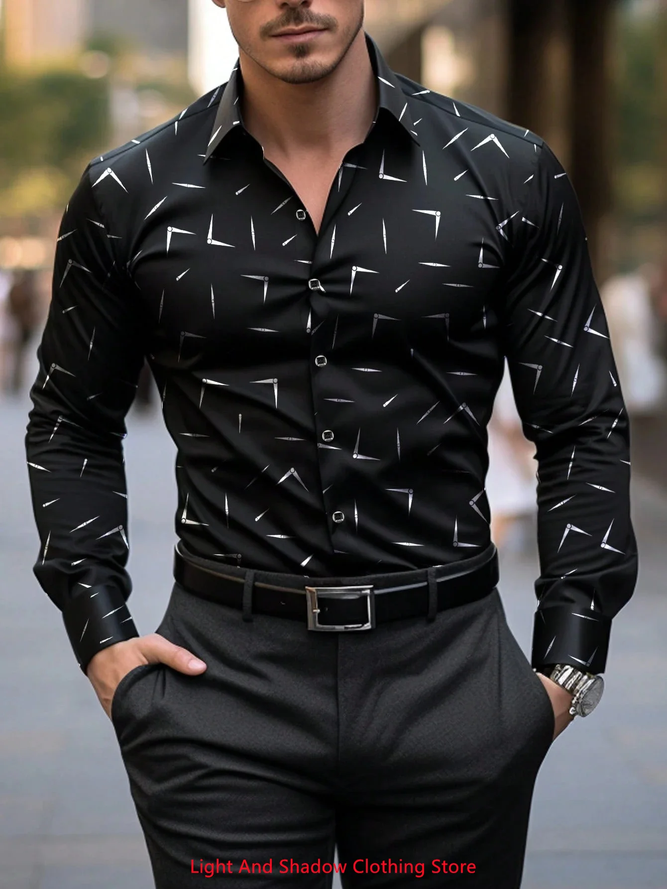 

Men's fashionable business casual long sleeved lapel shirt with irregular lines and comfortable printed men's street shirt