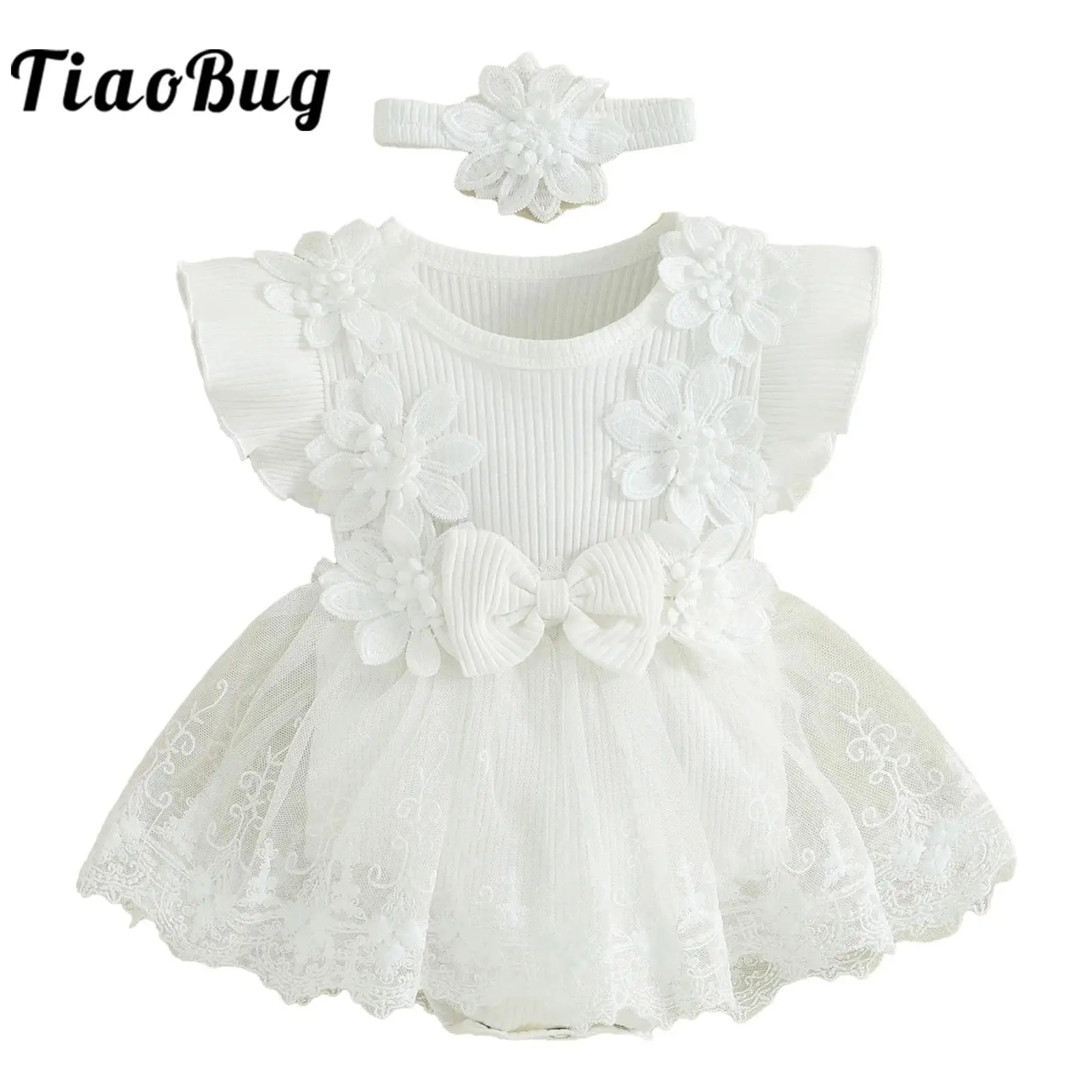 

Newborn Baby Girls Flower Romper Dress Princess Gown Applique Fly Sleeve Lace Birthday Wedding Party Dress Toddlers Clothes