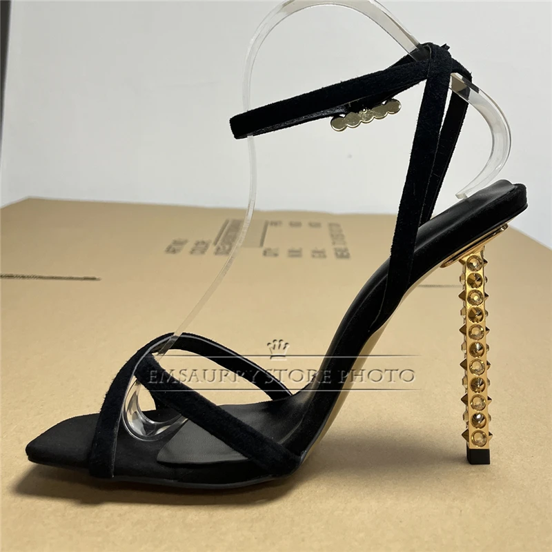 Individual Rivet Decor Strange Heel Sandals Women Luxury Suede Cross Narrow Band Ankle Strap Party Shoes Summer