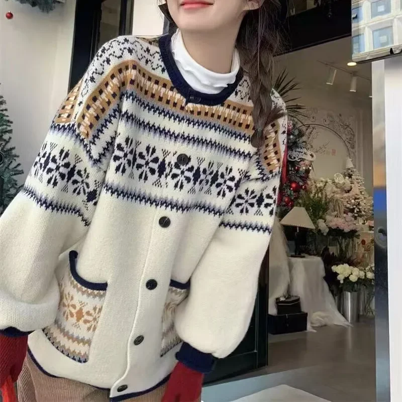 

Spring Autumn New Style Color Block College Style Open Cardigan Retro Knitted Sweater Jacket Women's Atmosphere Feeling