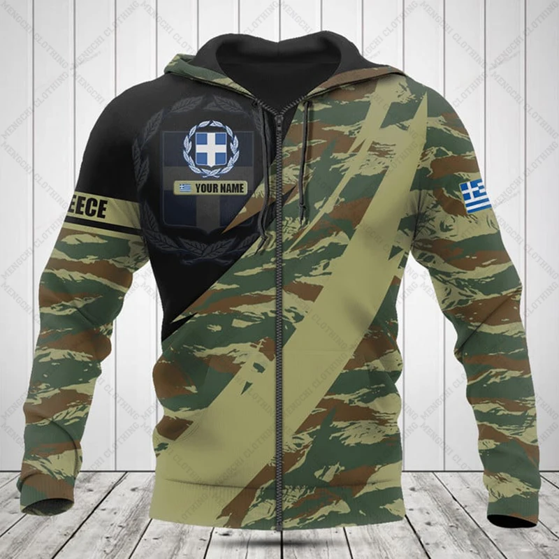 Custom Name Greece Camouflage Zipper Hoodies Unisex Oversize Sweatshirts Winter Casual Streetwear Tops Pullover