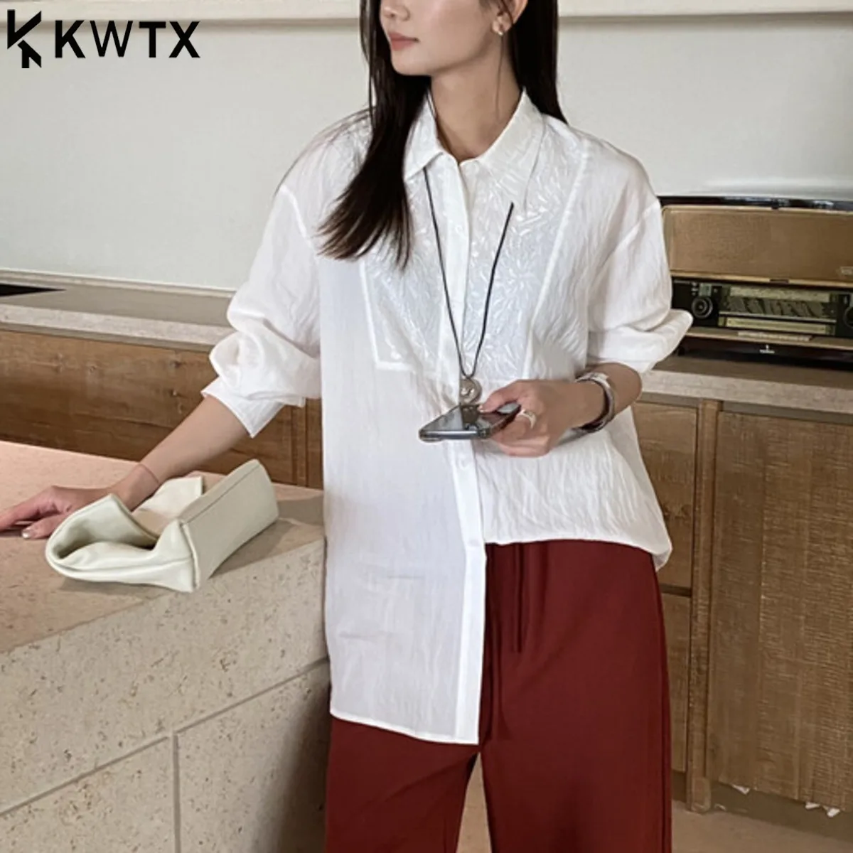 

KWTX Elegant Hand Embroidered Long Sleeve Solid Color Blouse - Women's Casual Chic Shirt,Versatile Daily Wear, Fashionable Shirt