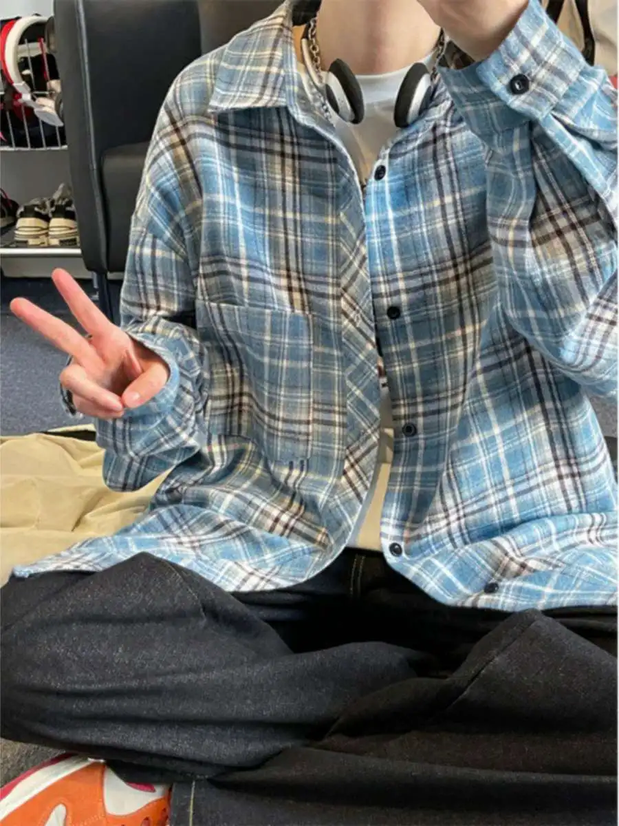 

Модный длинный мужской плащ в корейском стиле, весенний винтажный клетчатый свободный повседневный плащ на пуговицах для ежедневной носки