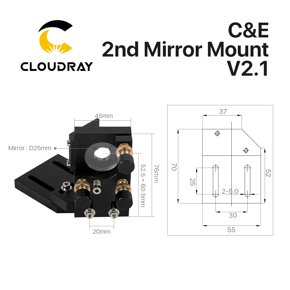 Cloudray CO2 Schwarz Zweiter Laserhalterung Spiegel 25 mm Spiegelhalterung Integrative Halterung für Lasergravurmaschine