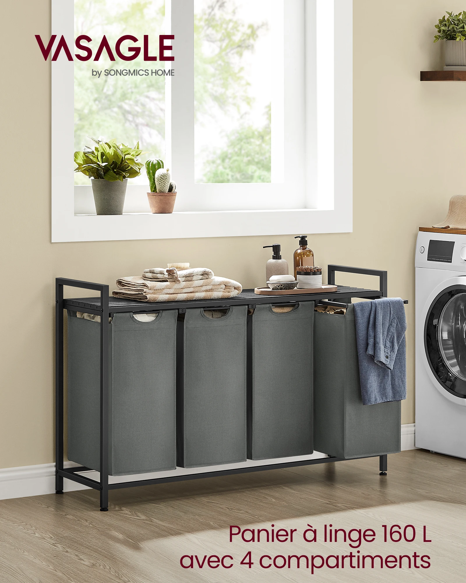 Panier à Linge, 4 Sacs Amovibles en Tissu Oxford, 4 x 40 L, 116 x 33 x 72 cm