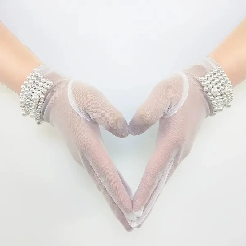 

New Fashion Bride Wedding Dress Gloves Lace Satin Pearl Party Women Beads Short Gloves White Gloves