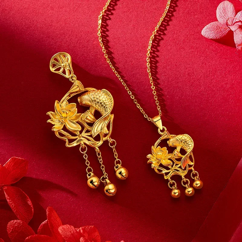 

9999 Real Gold 24K Niche Retro Ethnic Style Small Lotus Goldfish Pendant Golden Girl Lotus Carp Necklace