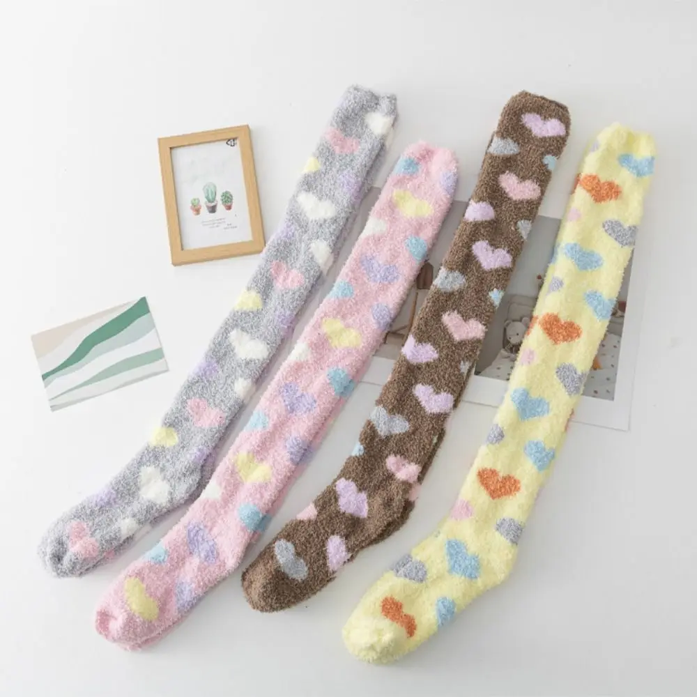 

Thicken Warm Coral Fleece Stockings Heart Above Knee High Floor Plush Stockings Sweet Sleeping Long Tube Socks Autumn