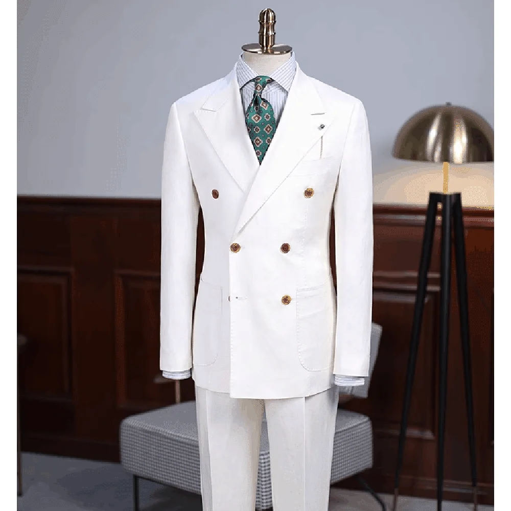 High Quality Linen Men Suits Chic Peak Lapel Double Breasted Male Suit Slim Fit Smart Casual Groom Wedding Tuxedo Blazer Pants