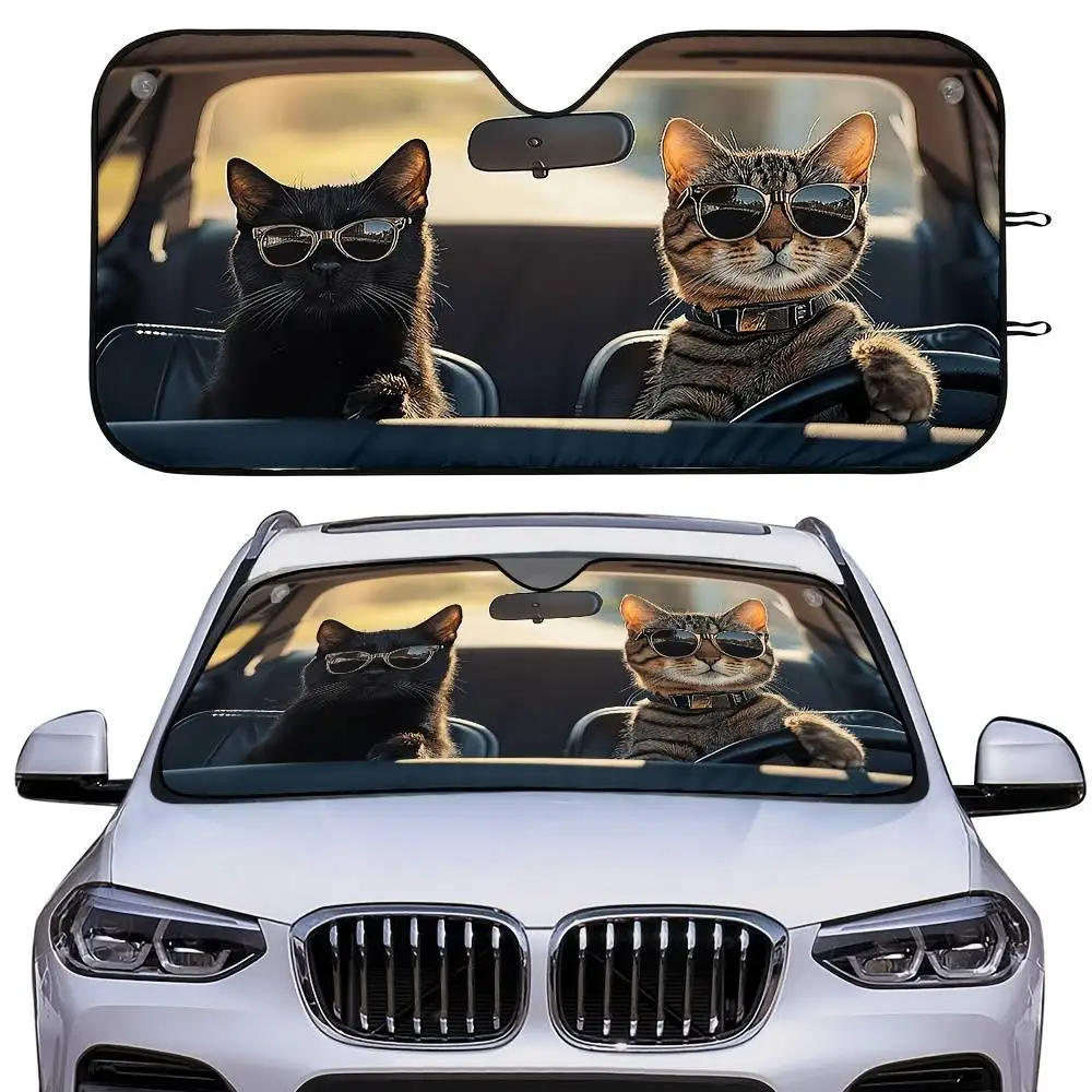 Cat Driving Luxury Street Print Car Windshield Sunshade Foldable Sun Visor Reduce Sunlight For Sedan SUV Summer