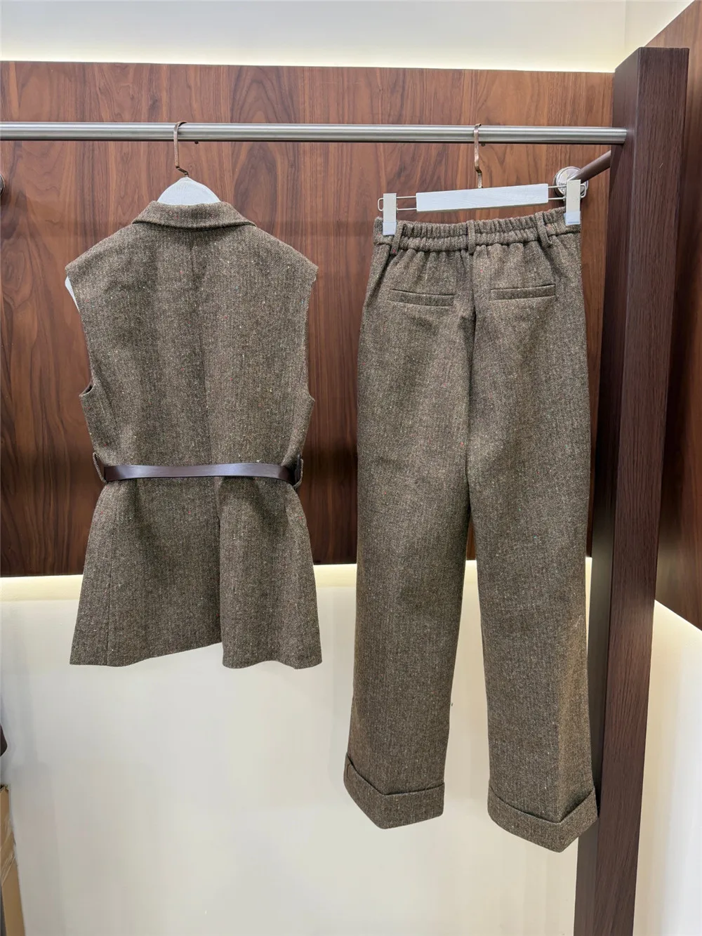 Women's Wool Suit Set,  High-Quality Thin Fit, Tie-Waist Slimming Vest with belt, Wide-Leg Pants, Elegant 2-Piece Set