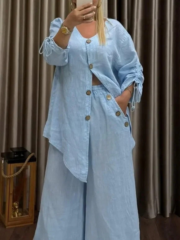 Conjunto informal de dos piezas de lino y algodón para mujer, camisa holgada de manga larga con cuello en V y una hilera de botones, pantalones de pierna ancha de cintura alta