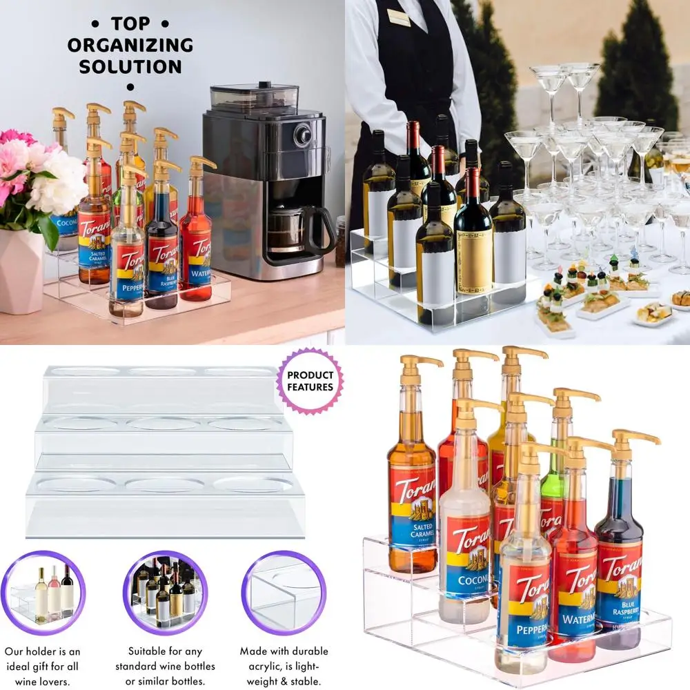 

3-х уровневая акриловая полка-органайзер для напитков для кухни, кладовой и холодильника — вмещает 9 бутылок сиропов, вина, газировки и пива