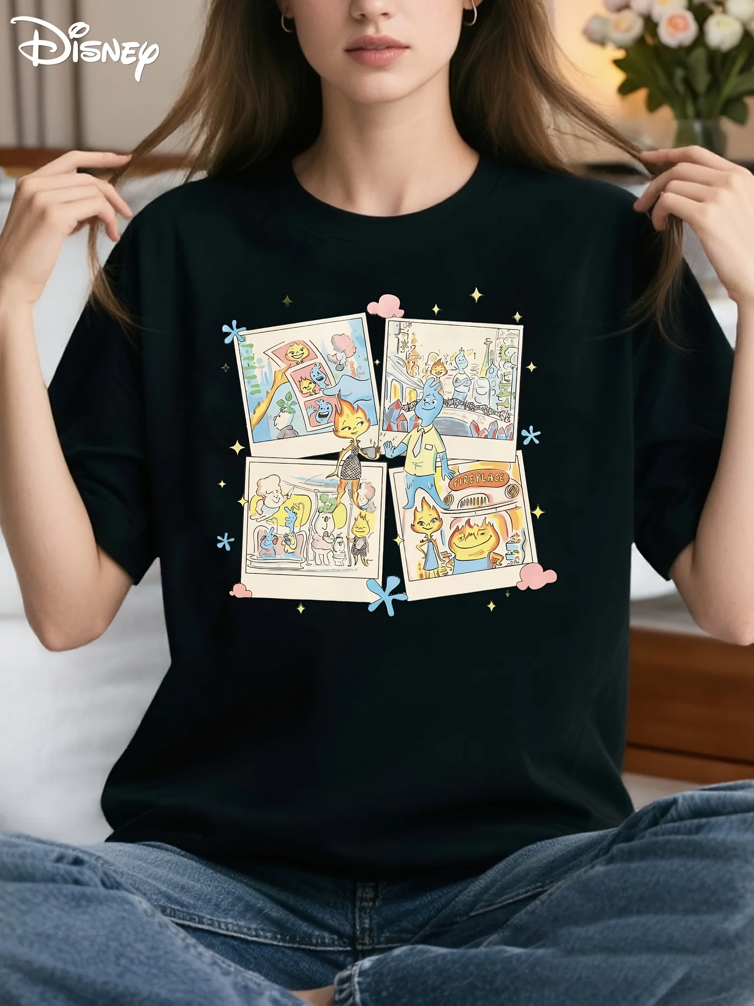 เสื้อยืดลายกราฟิกดิสนีย์เอเลเมนท์สำหรับผู้หญิง - เสื้อคอกลมแขนสั้นลำลองทรงโอเวอร์ไซส์พร้อมตัวละครเฮลและเดล